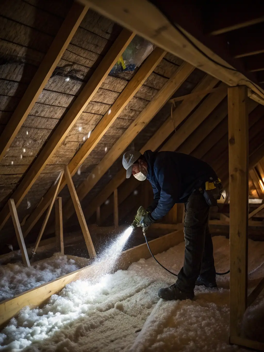 A technician installing Shield Insulation in an attic, demonstrating how their insulation solutions help homeowners save on energy bills.
