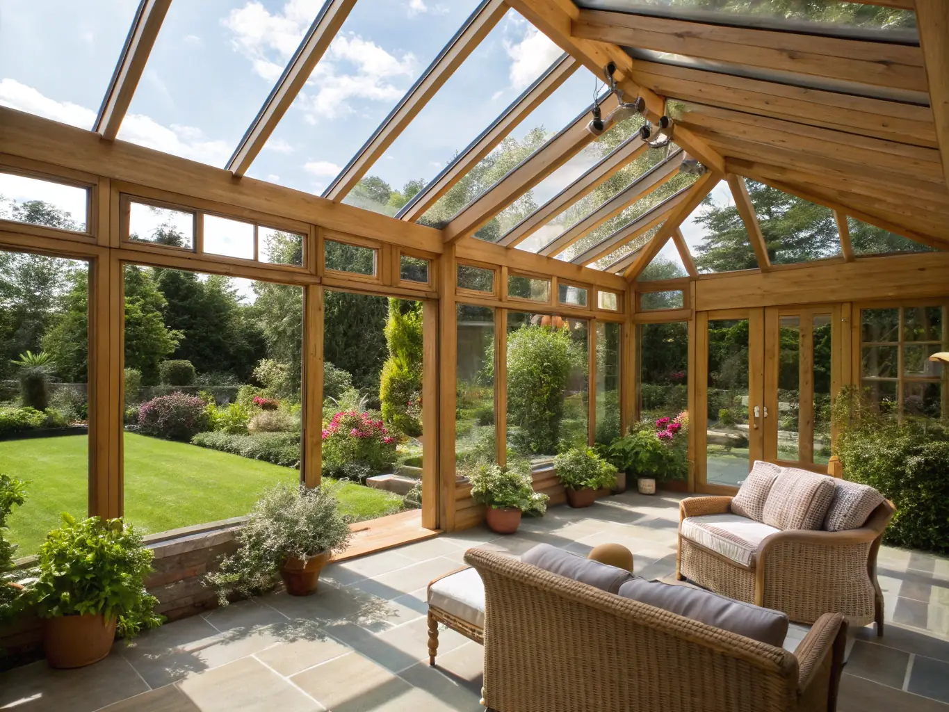 Energy-efficient Sunroom Season windows and doors installed in a sunroom, creating a bright and comfortable living space.