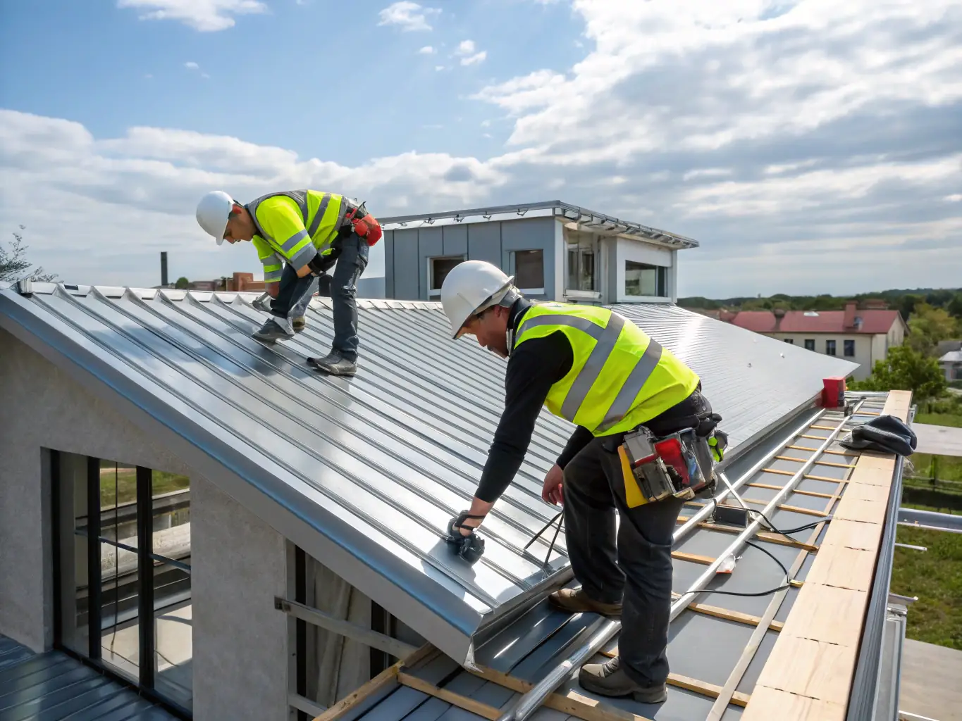 A professional roofing team installing durable shingles on a residential home, showcasing UrazPro's roofing services.