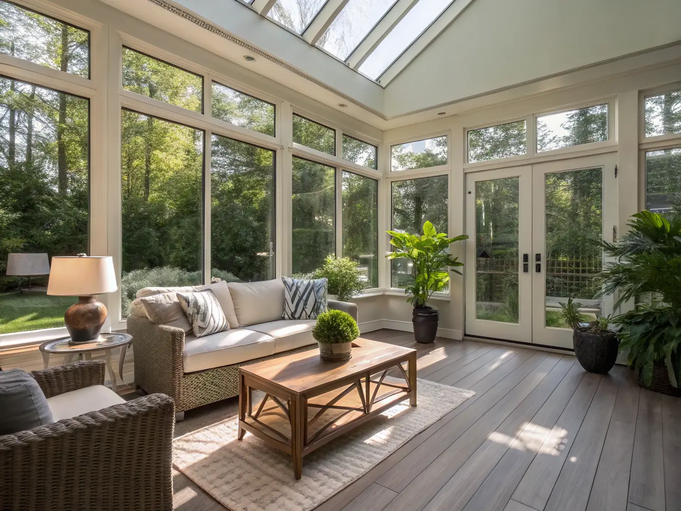 A sunroom filled with natural light, showcasing energy-efficient windows and doors installed by Sunroom Season Windows & Doors, creating a comfortable and inviting space.