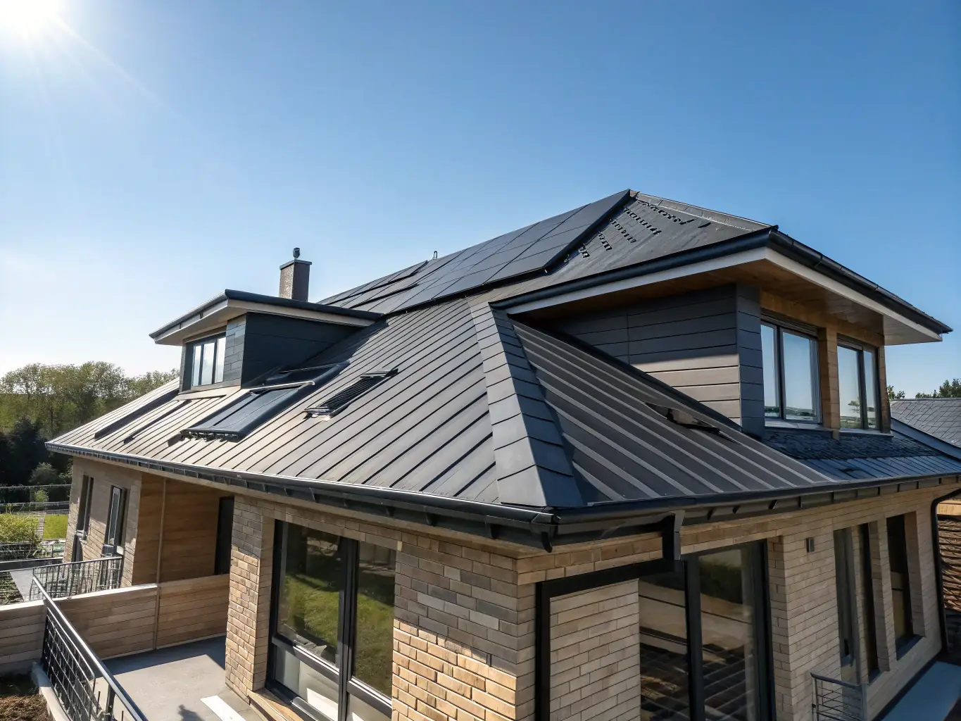 A high-angle shot of a newly installed, energy-efficient roofing system on a modern Texas home, showcasing the quality and durability of UrazPro's roofing services.