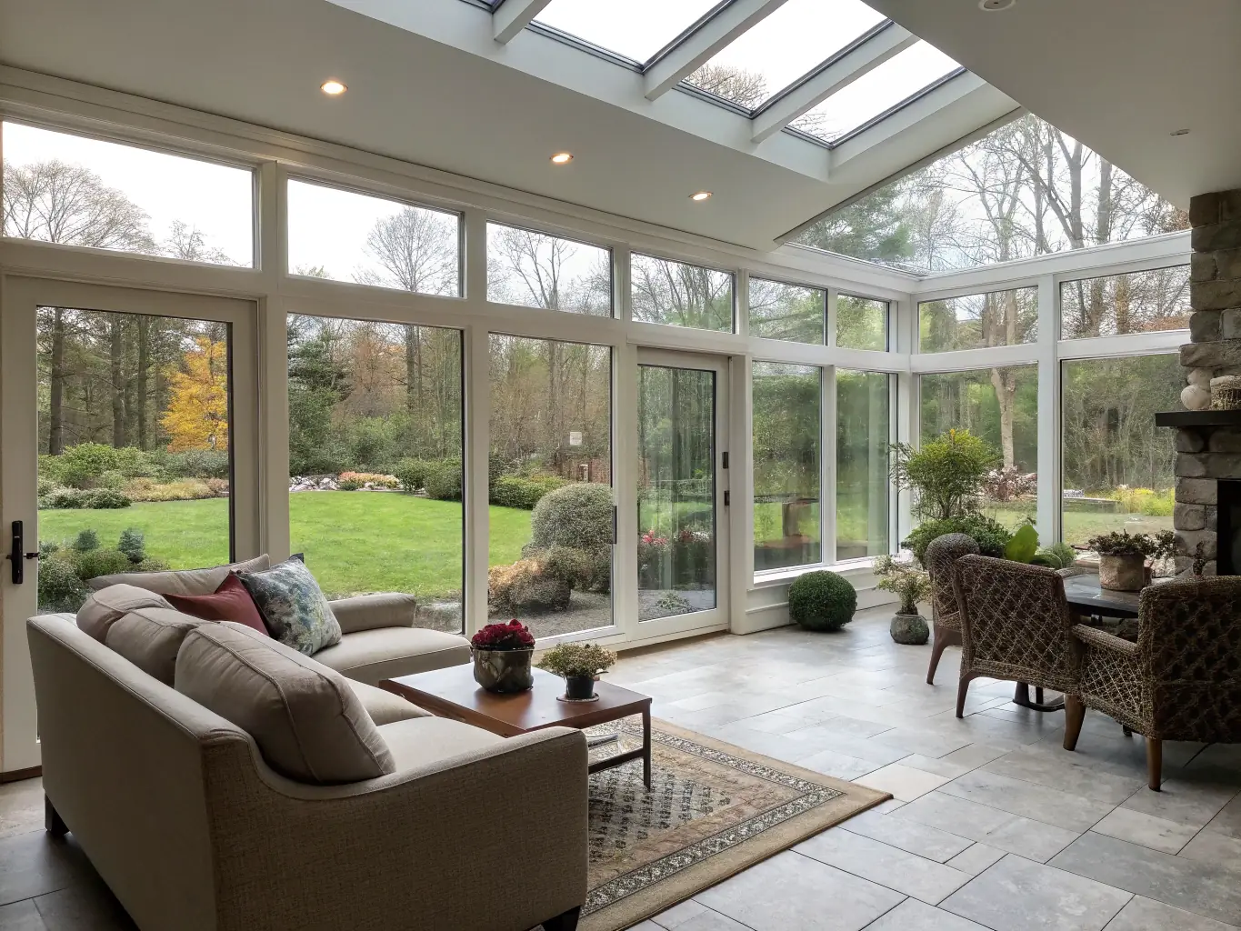 A sunroom filled with natural light, featuring energy-efficient windows and elegant doors from Sunroom Season Windows & Doors.